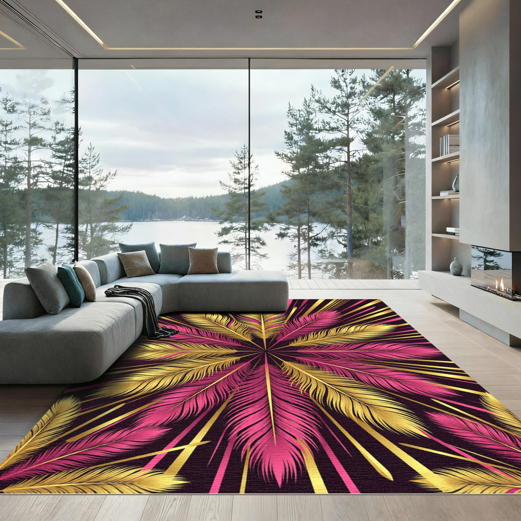 Radiant Gold and Fuchsia Feather Burst Rug