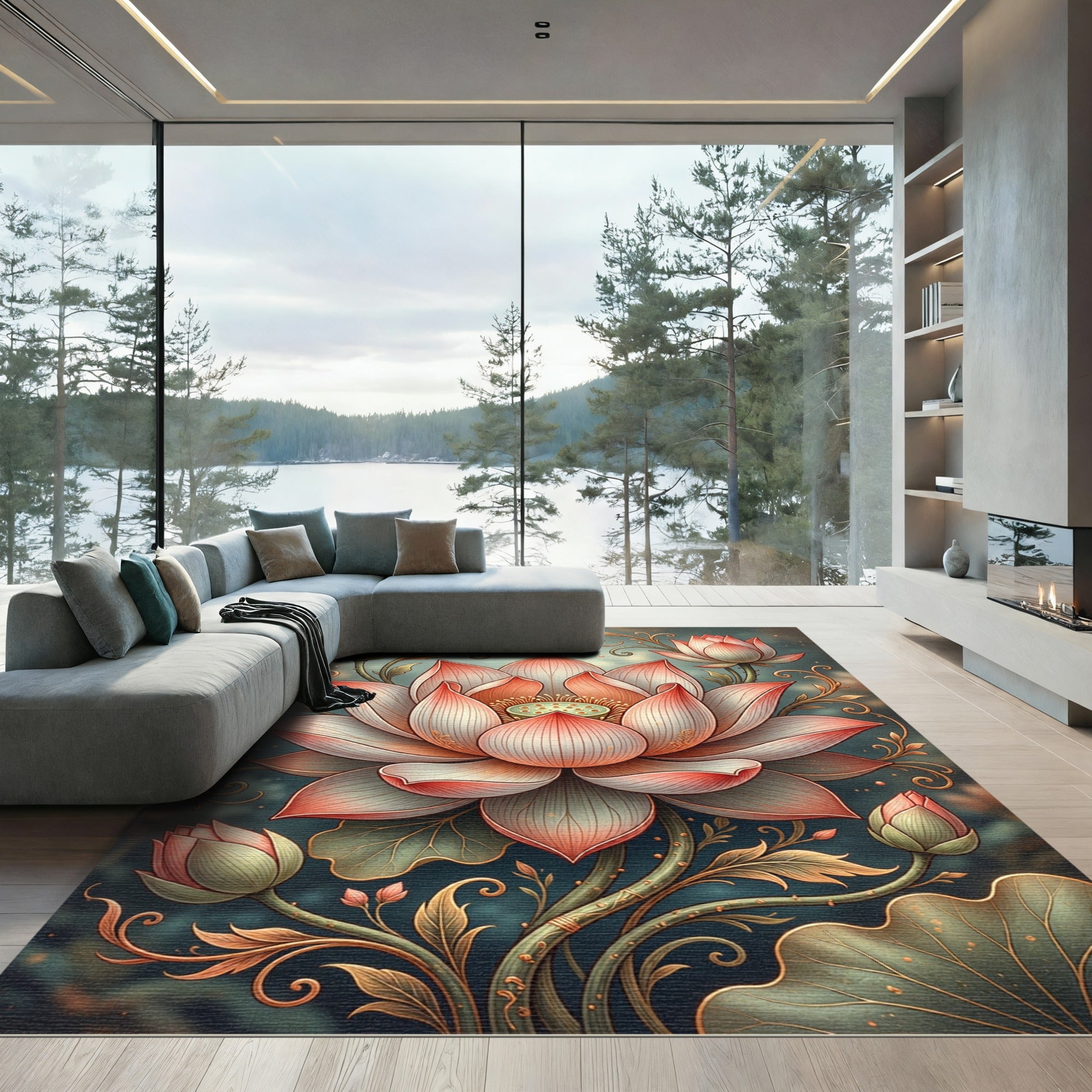 Elegant Coral Lotus Bloom Garden Rug