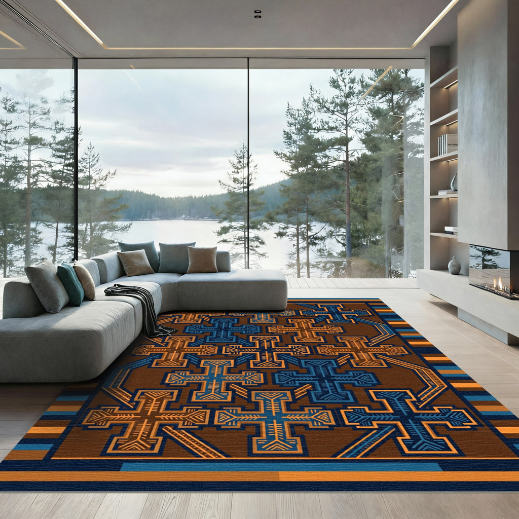 Geometric Cobalt and Amber Cross Weave Rug