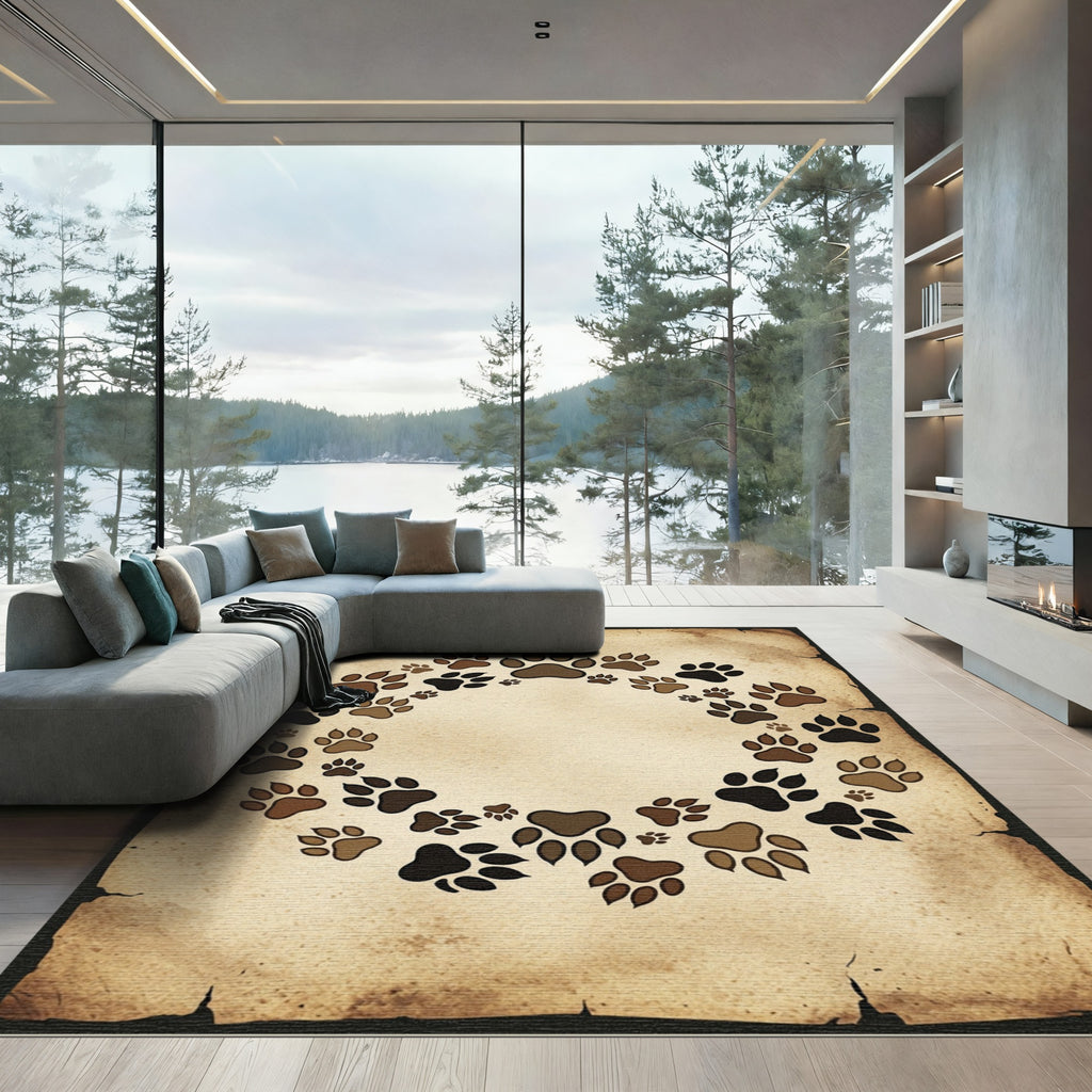 Rustic Earthy Paw Print Circular Border Rug