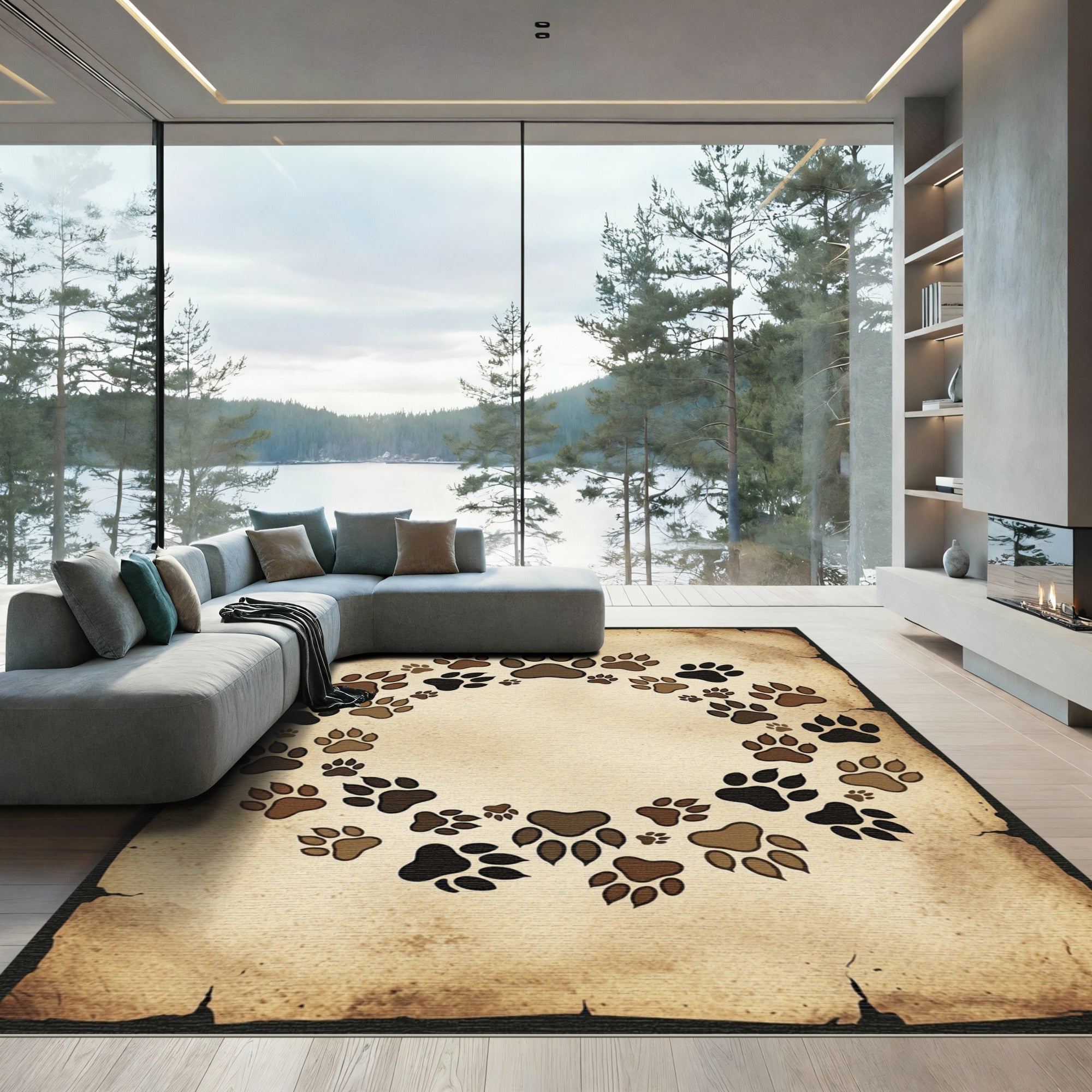 Rustic Earthy Paw Print Circular Border Rug