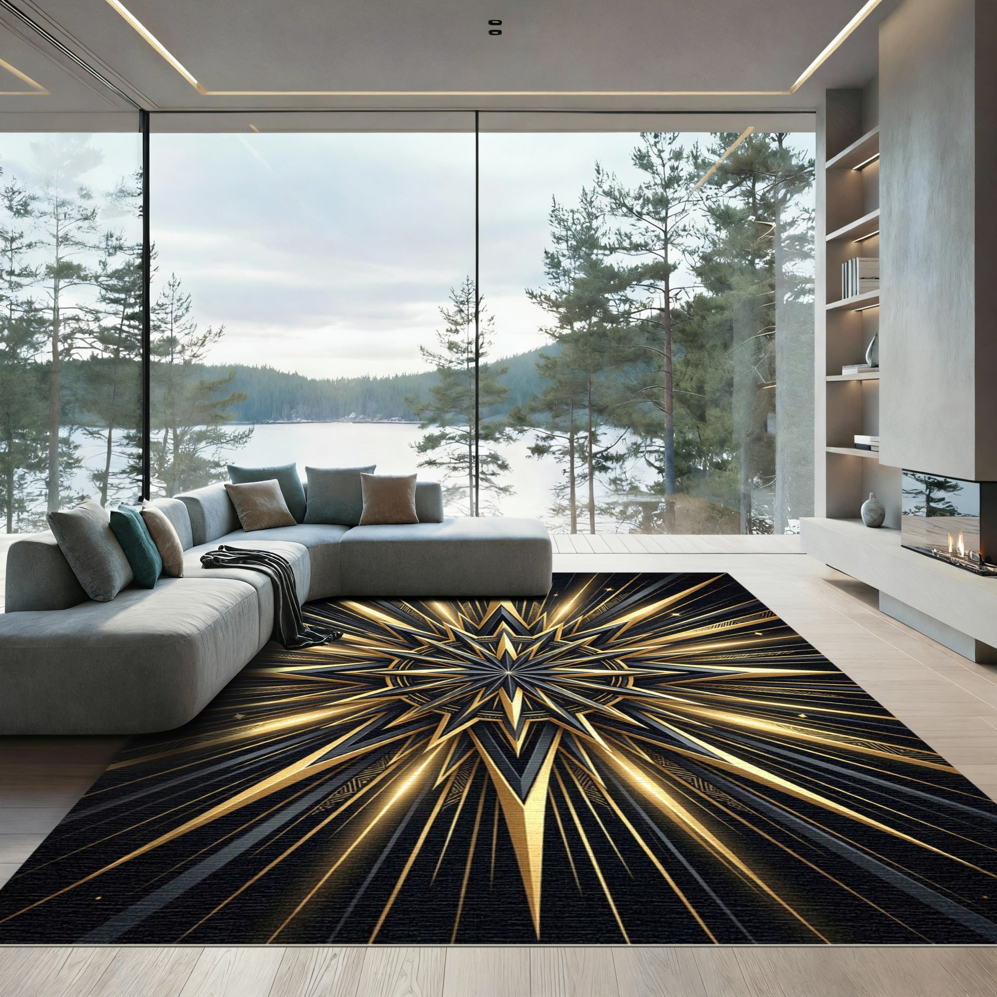 Radiant Gold and Black Celestial Star Rug