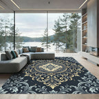 Elegant Gold and Navy Damask Medallion Rug