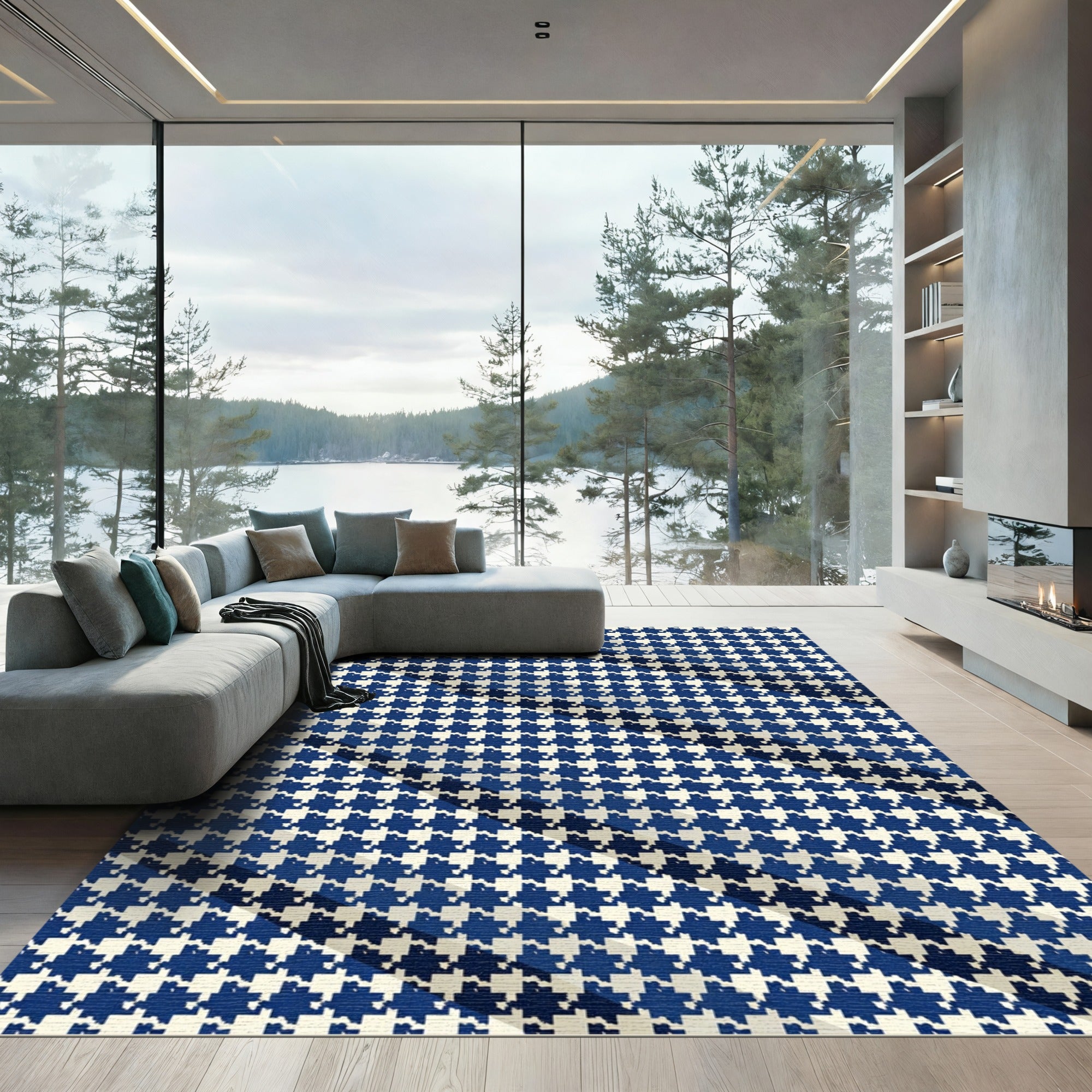 Classic Navy Blue Houndstooth Check Rug