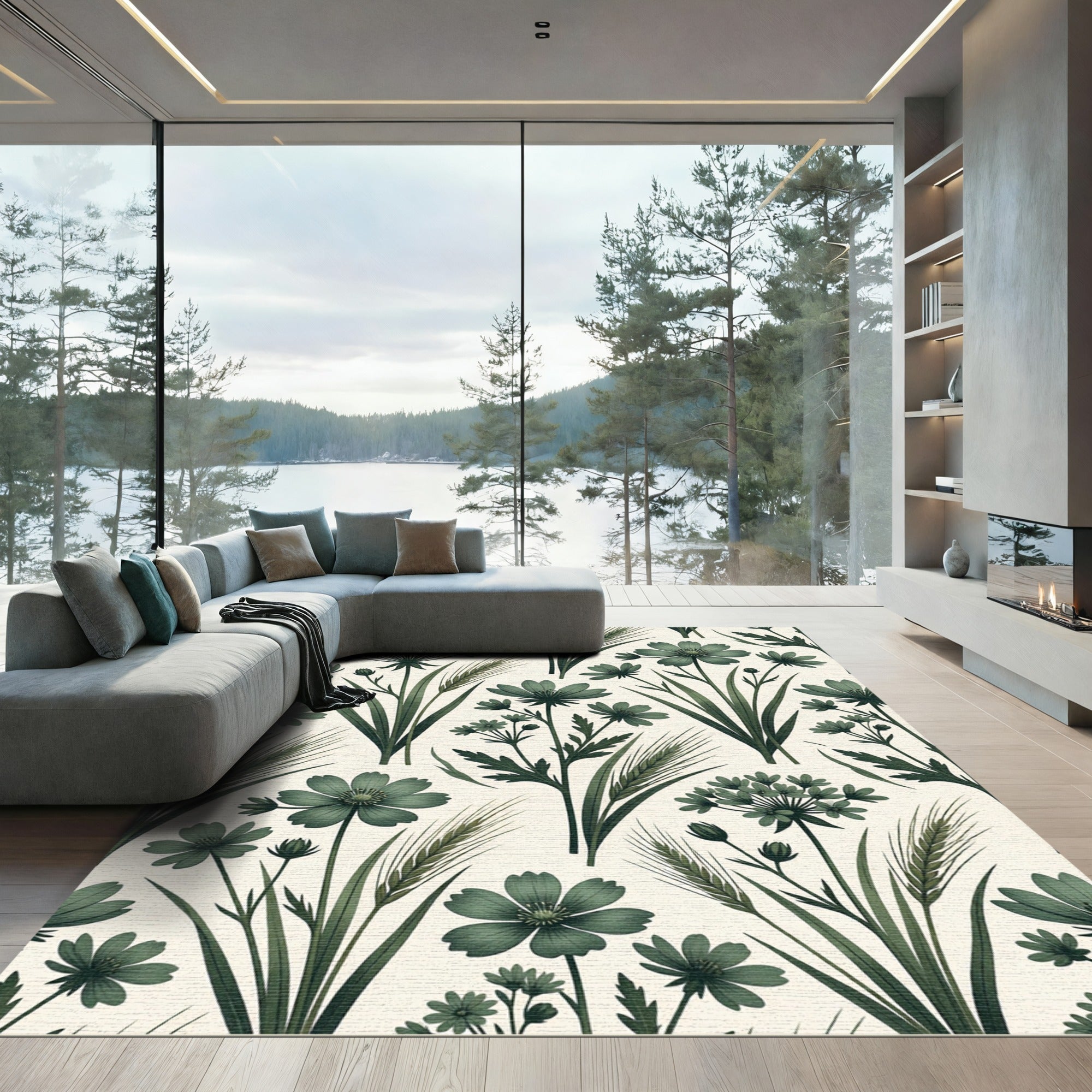 Sage Green Botanical Wheat Meadow Rug