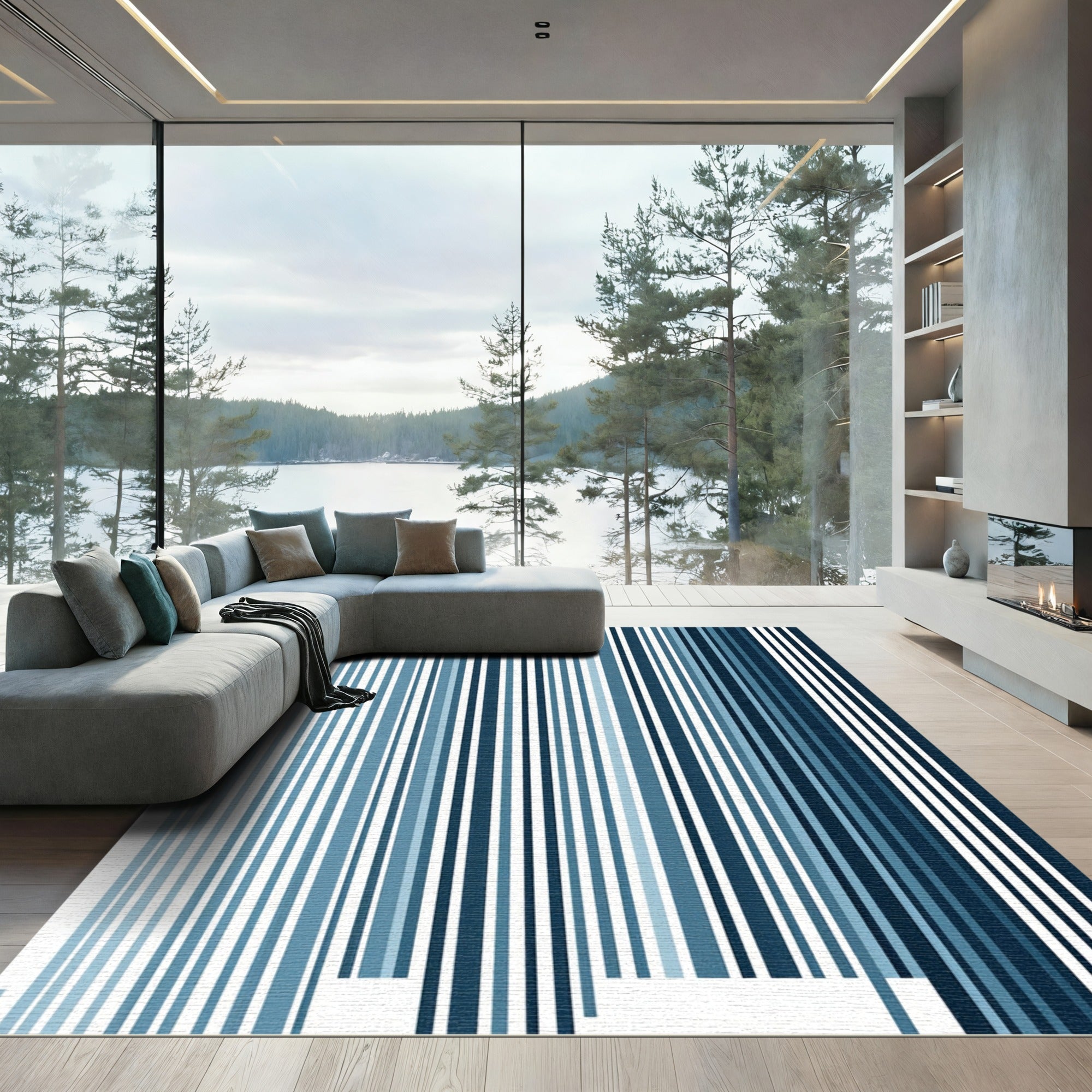 Deep Blue Vertical Stripe Gradient Rug