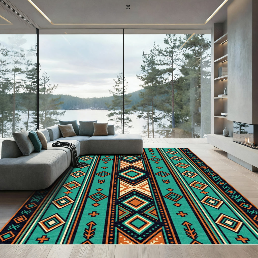 Teal Geometric Diamond Boho Stripe Rug
