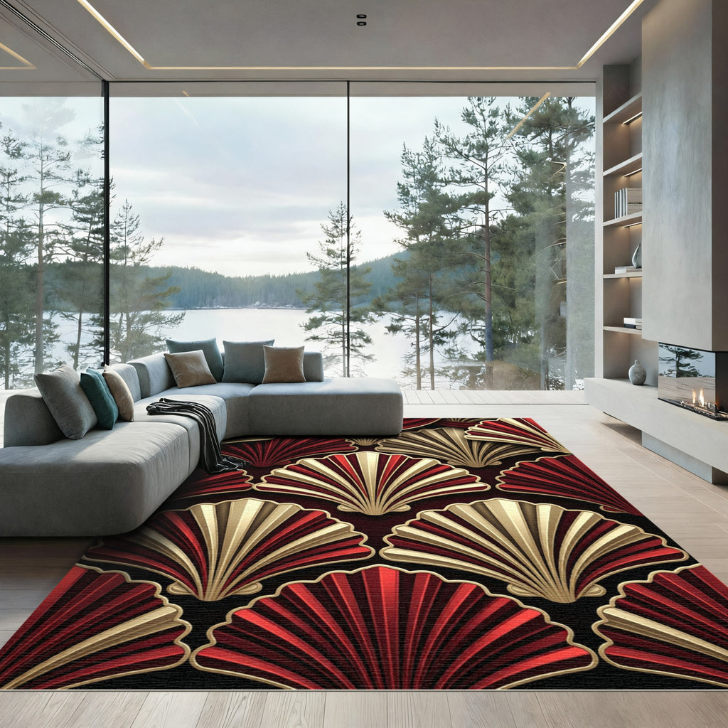 Art Deco Crimson and Gold Fan Rug