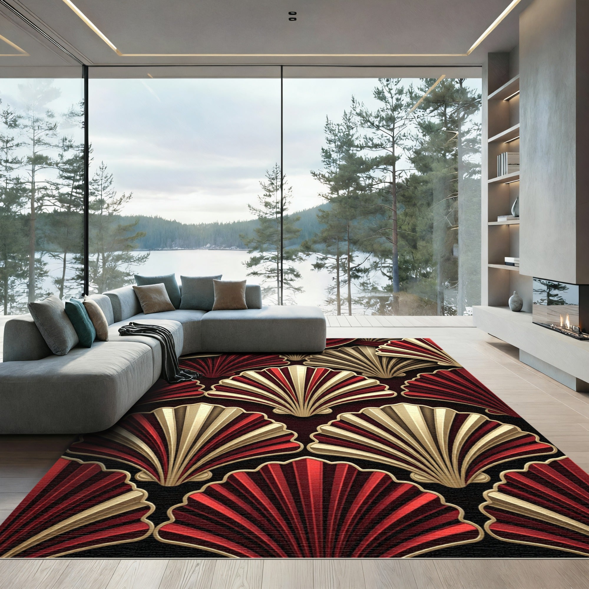 Art Deco Crimson and Gold Fan Rug
