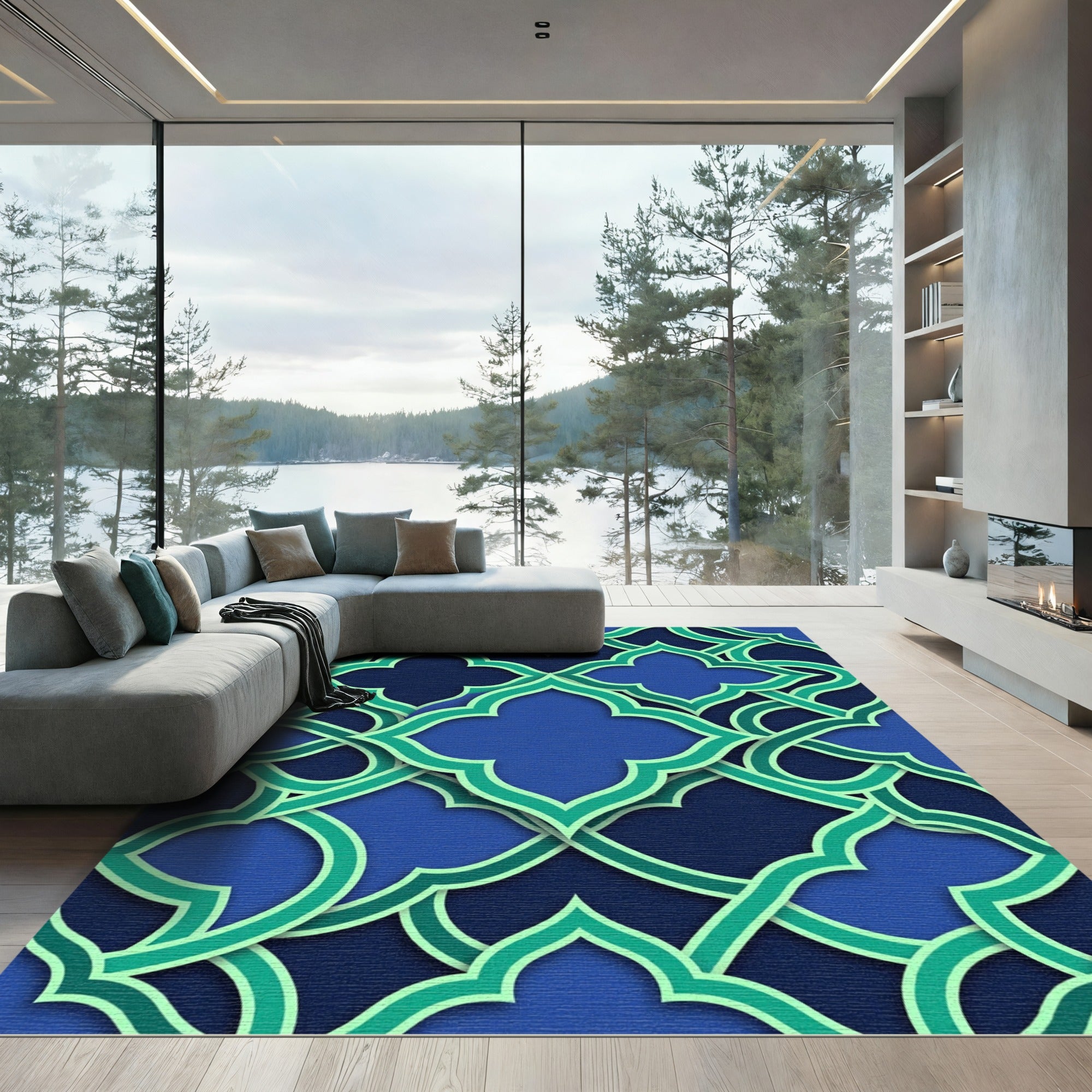 Geometric Teal Blue Quatrefoil Lattice Rug