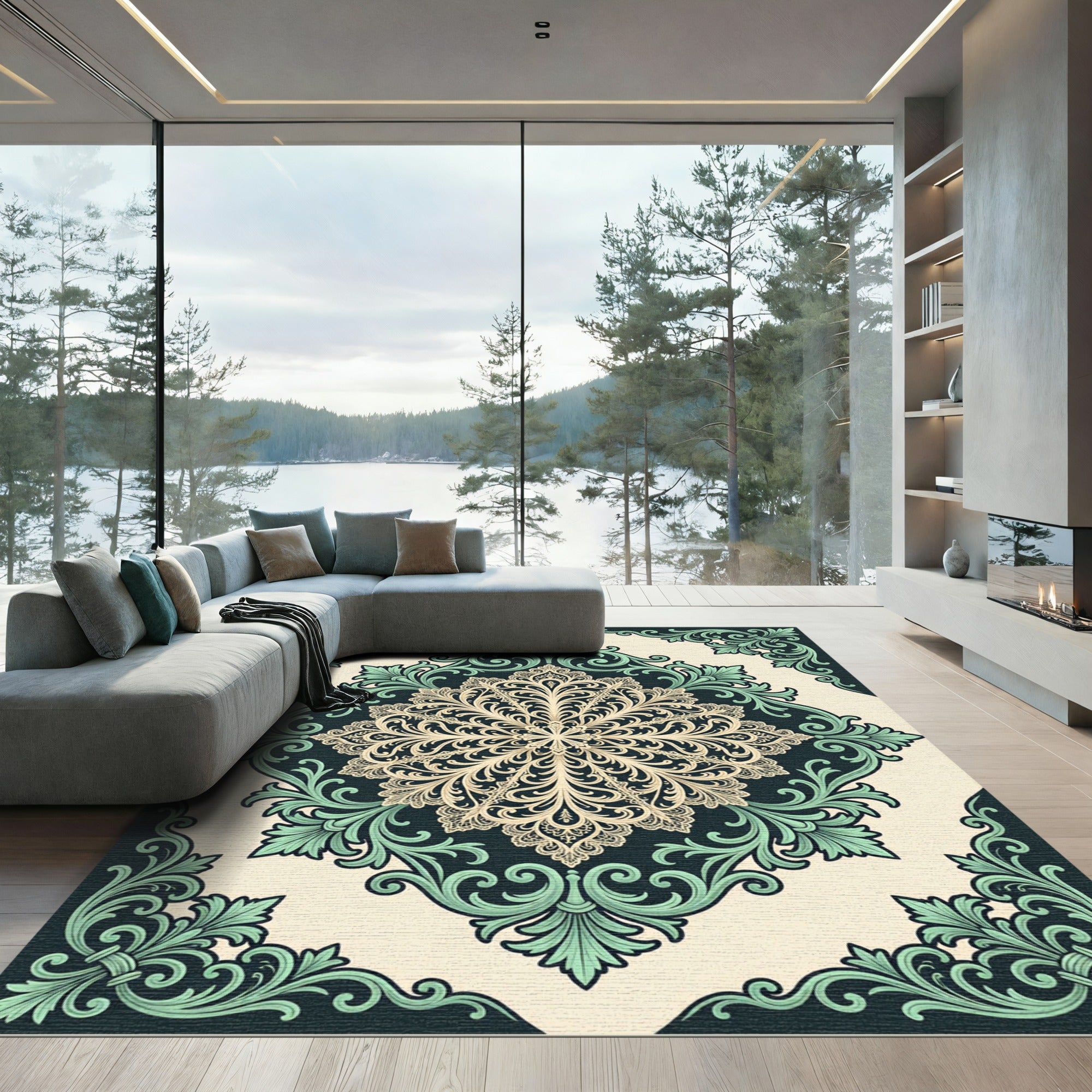 Elegant Sage Cream Ornate Victorian Medallion Rug