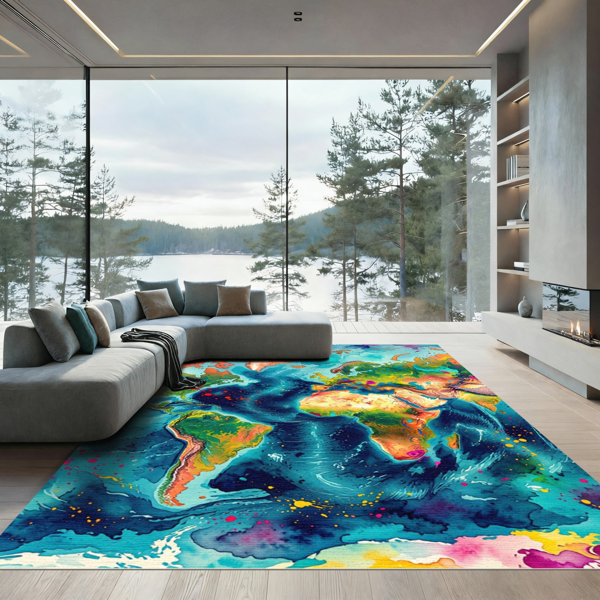 Vibrant Abstract Watercolor World Map Rug