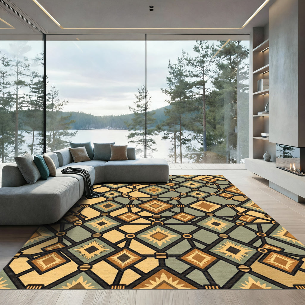 Earthy Geometric Diamond Grid Tile Rug