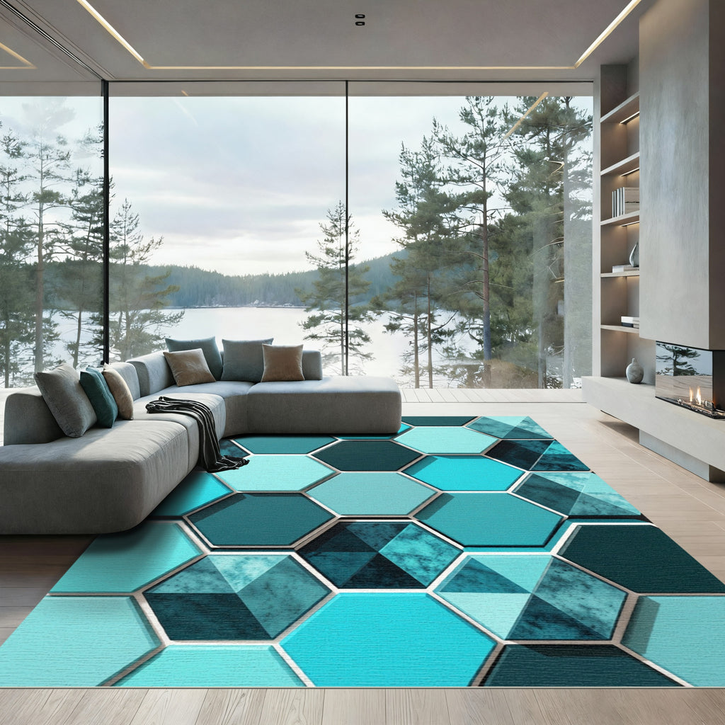 Geometric Teal Hexagon Abstract Art Rug