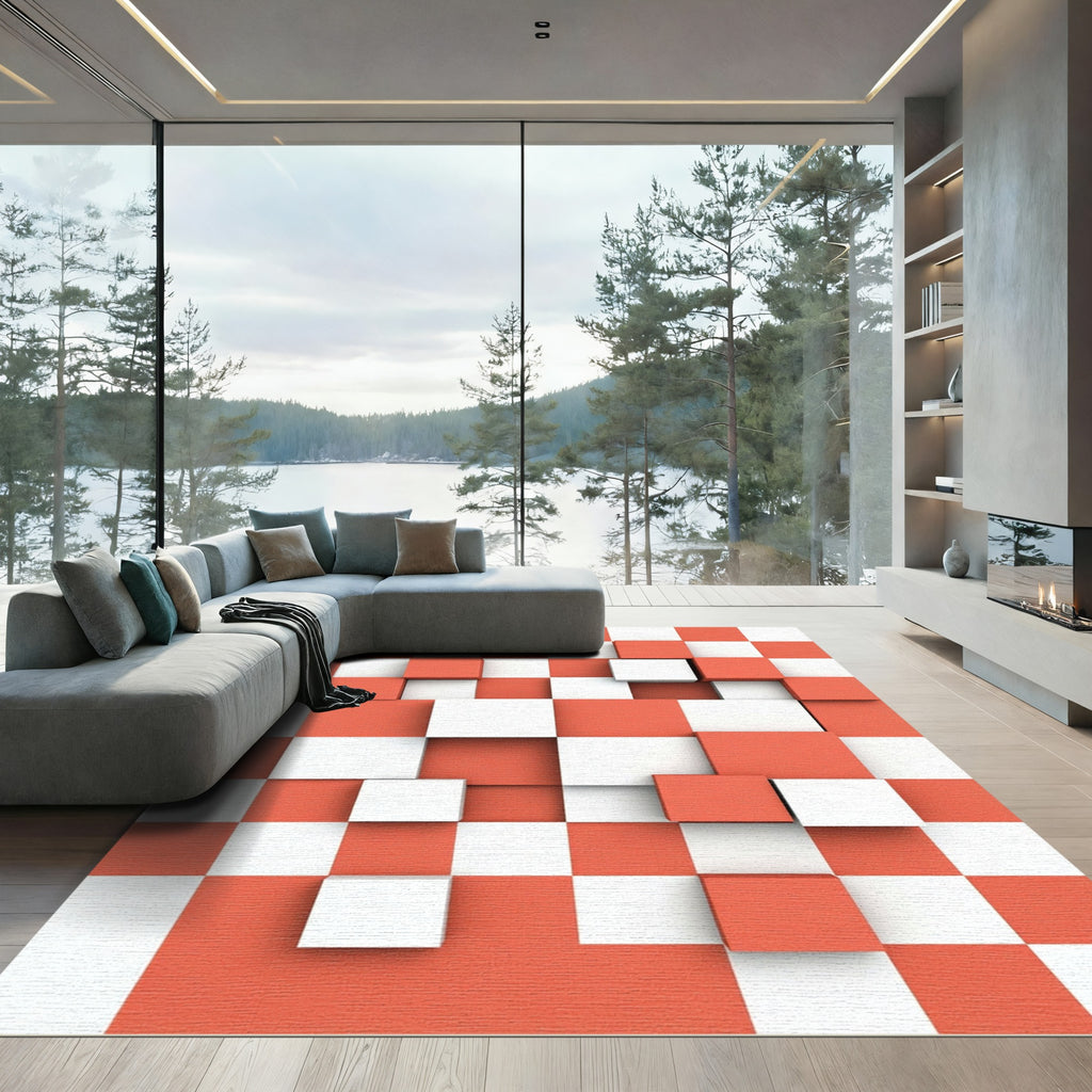 Modern Dimensional Coral and White Checkerboard Rug