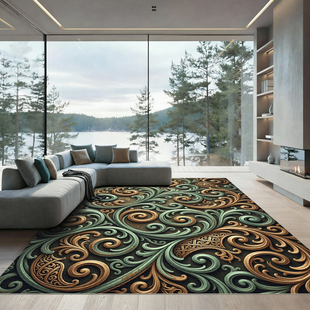 Ornate Teal Gold Swirl Filigree Rug