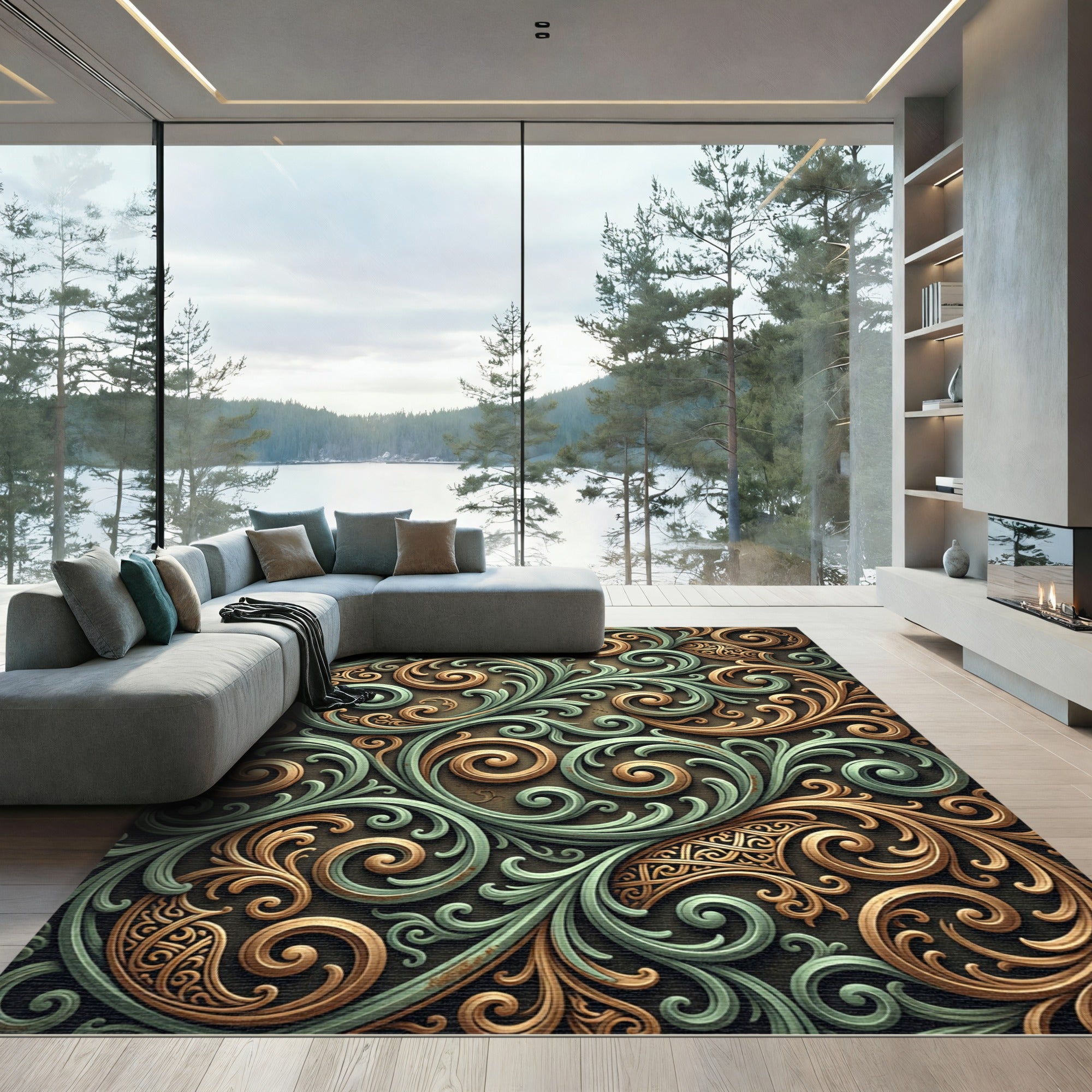 Ornate Teal Gold Swirl Filigree Rug