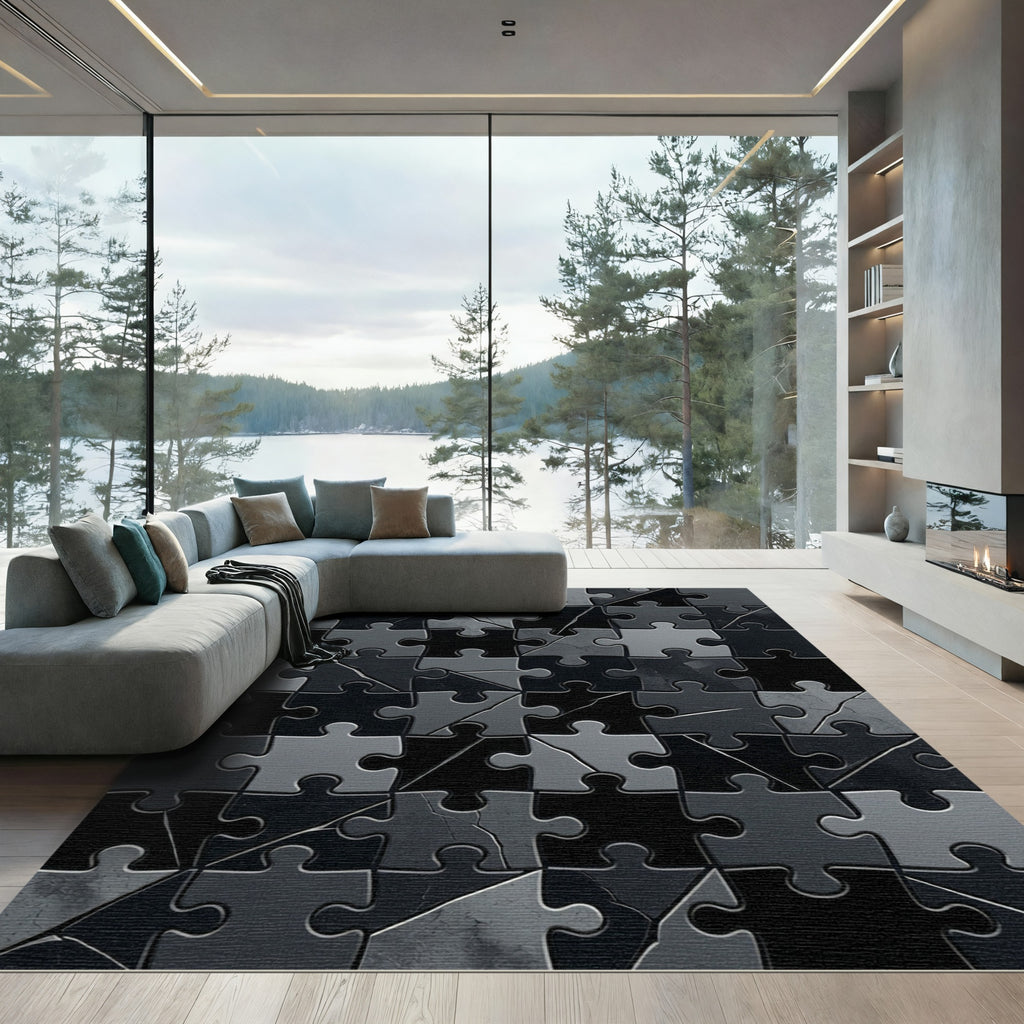 Monochrome Abstract Geometric Puzzle Tile Rug
