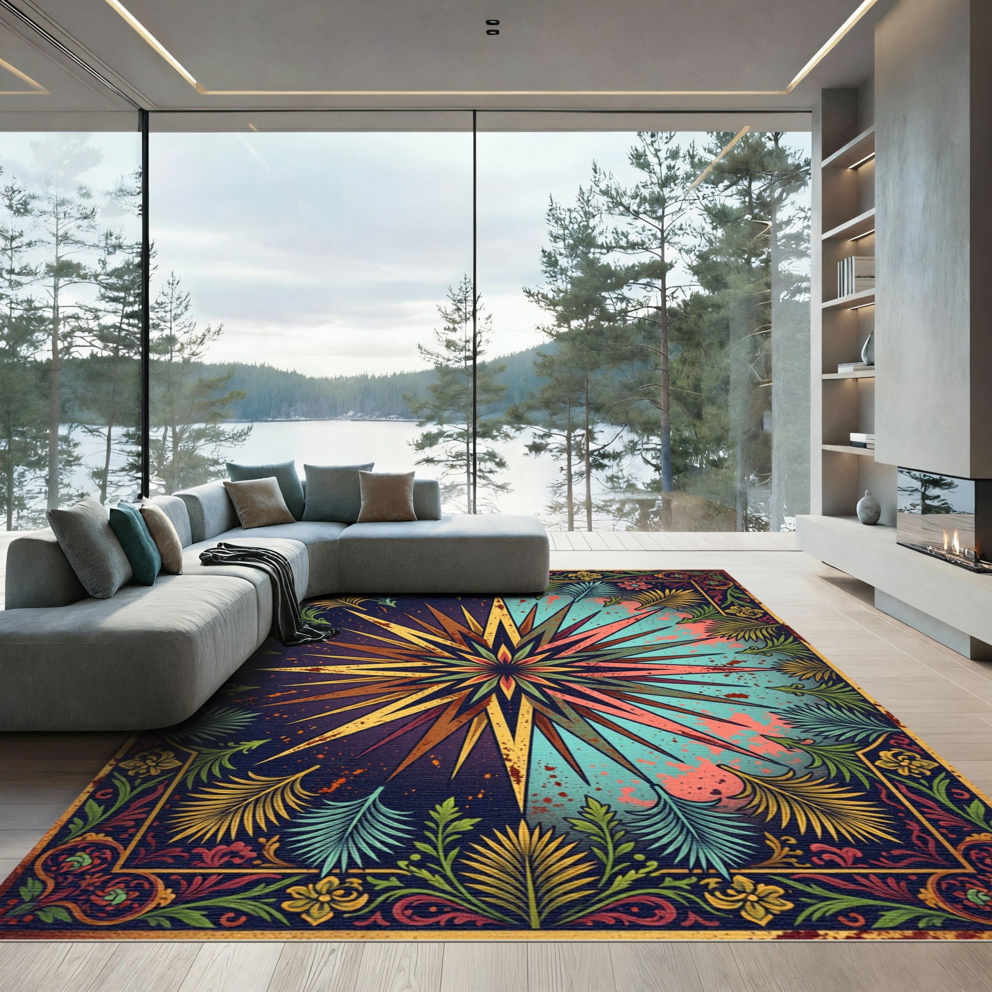 Celestial Golden Starburst Teal Foliage Rug