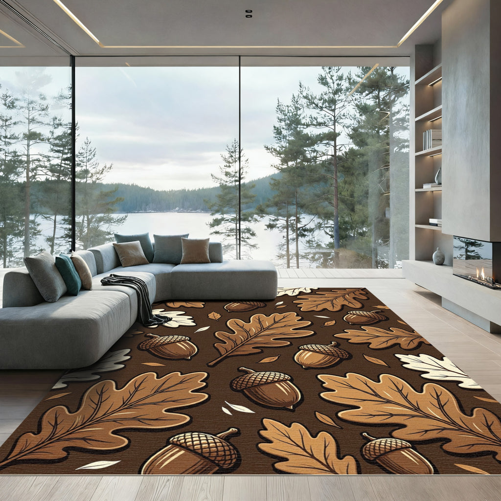 Earthy Brown Oak Leaf Acorn Arrangement Rug