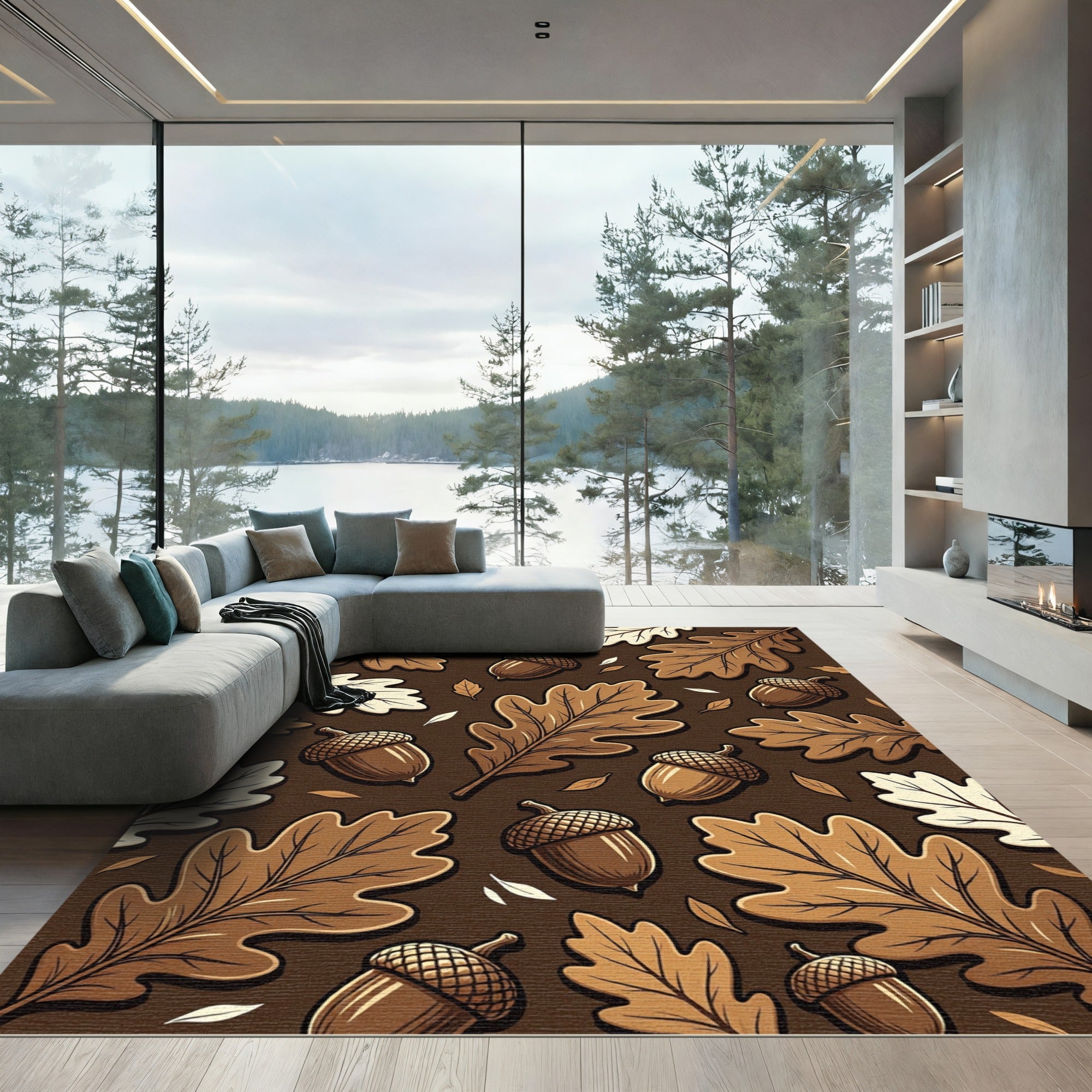 Earthy Brown Oak Leaf Acorn Arrangement Rug