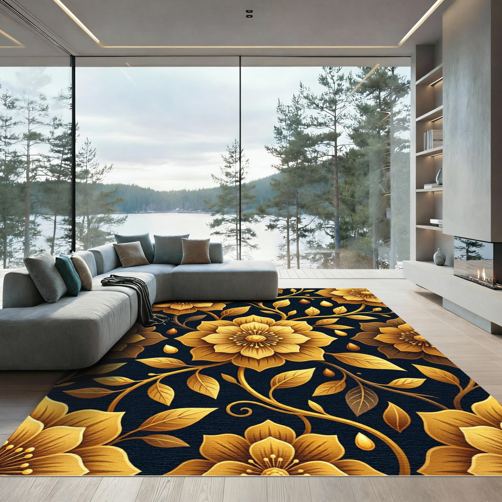 Golden Botanical Floral Onyx Background Rug