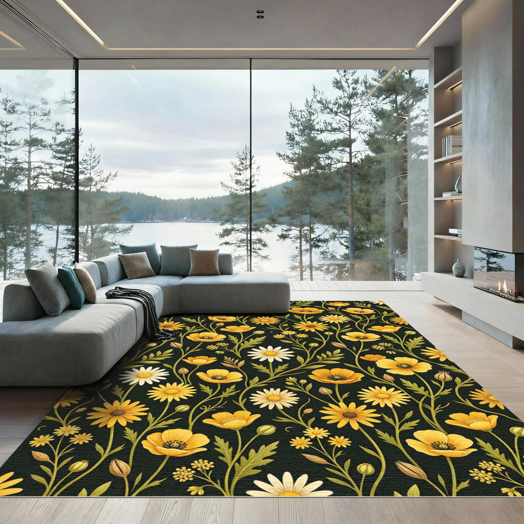 Golden Daisy Poppy Floral Botanical Rug
