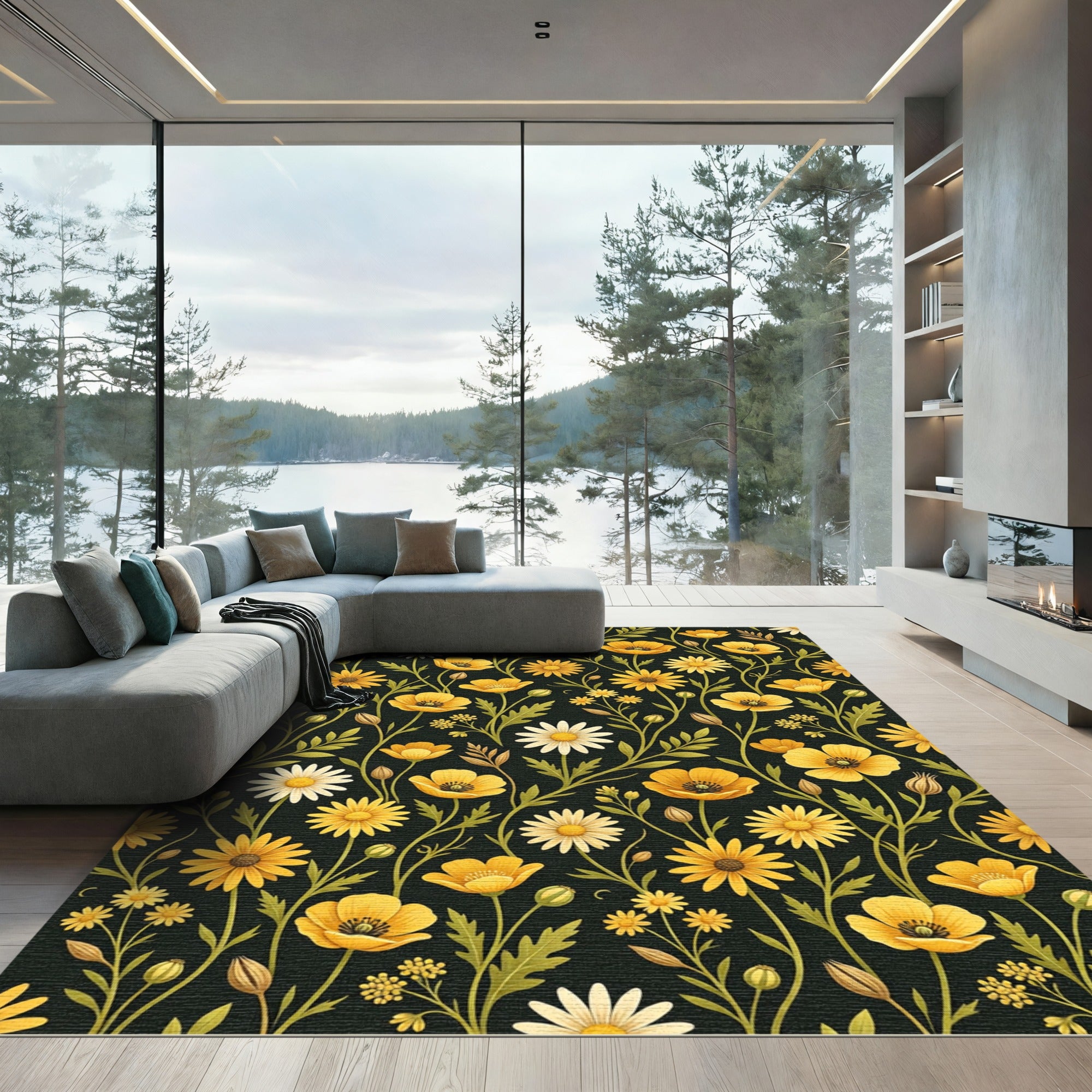Golden Daisy Poppy Floral Botanical Rug