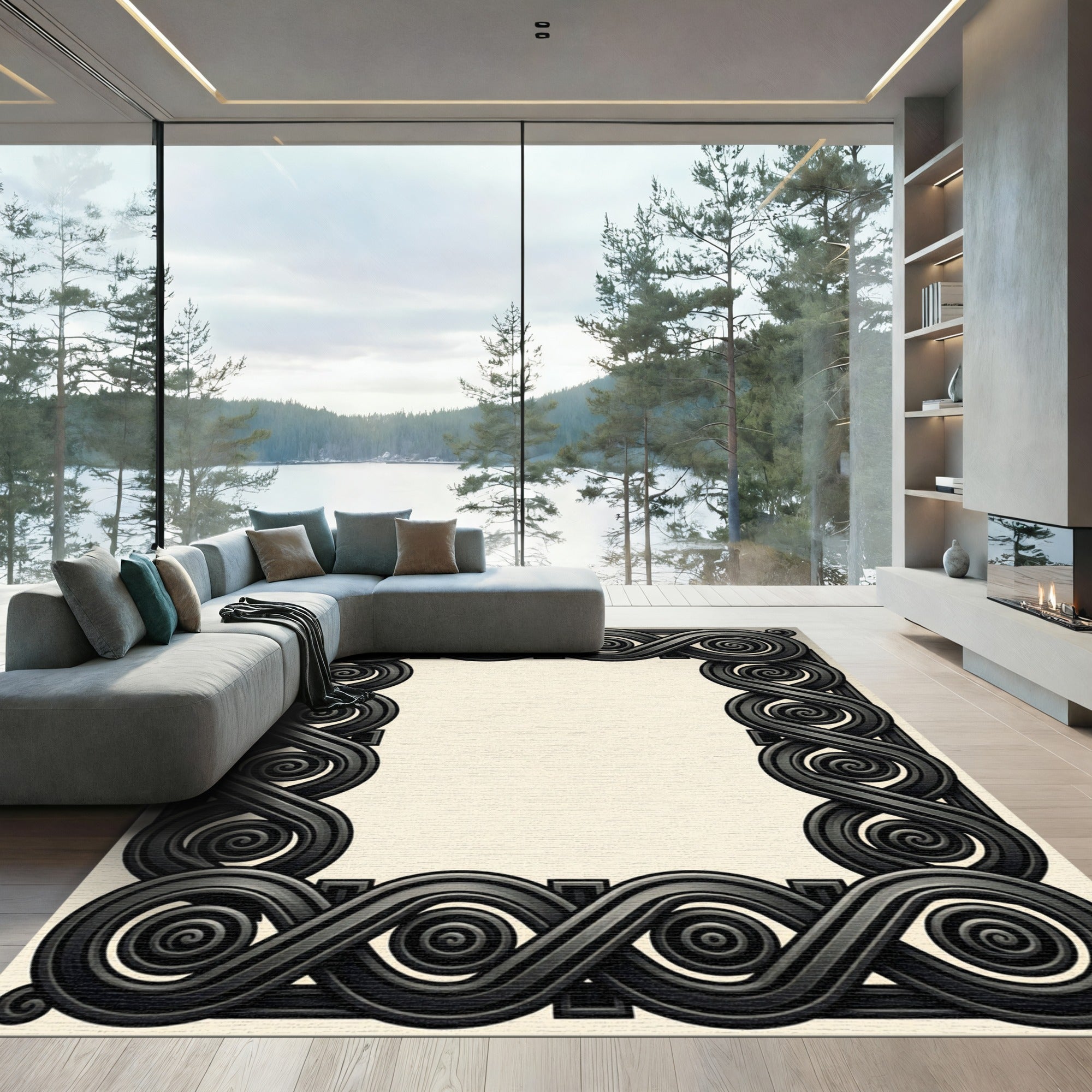 Dark Gray Interlocking Scroll Border Rug