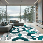 Teal Gray Abstract Curve Composition Rug