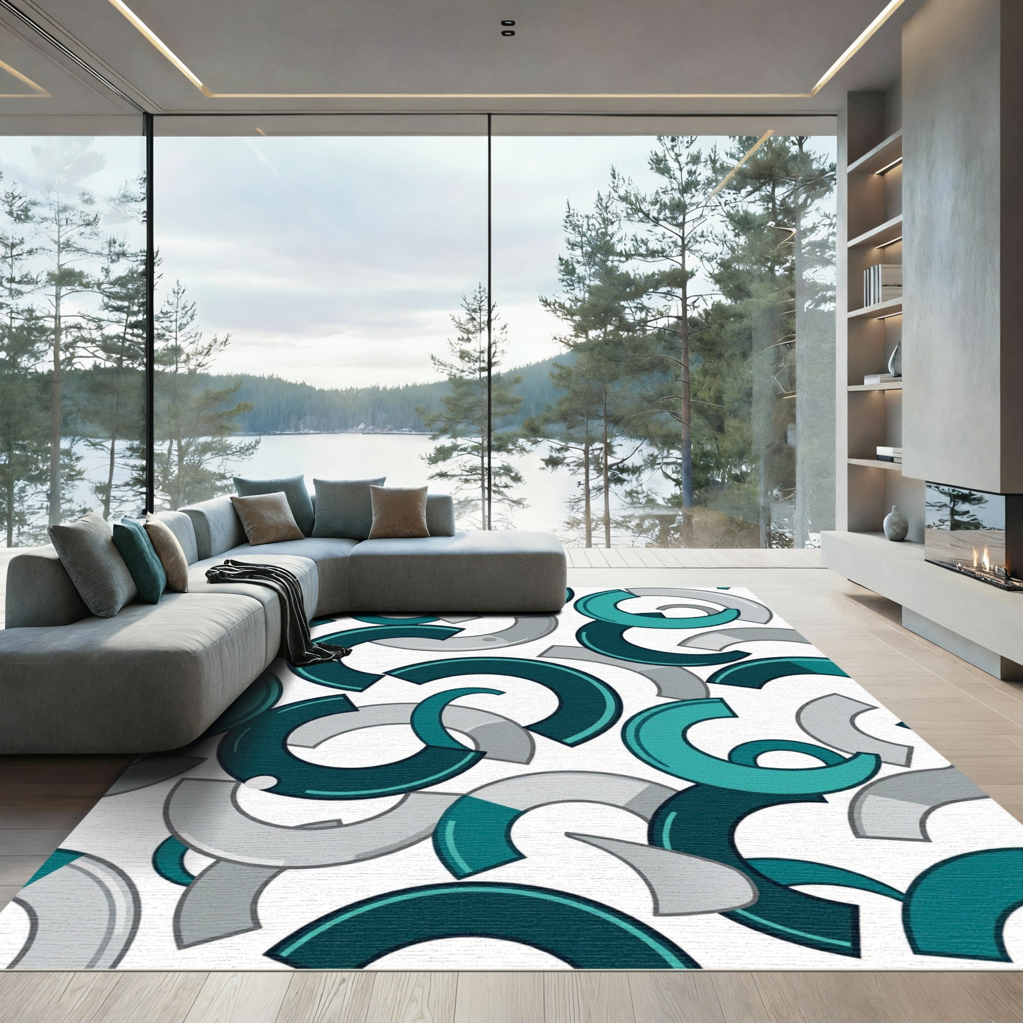 Teal Gray Abstract Curve Composition Rug