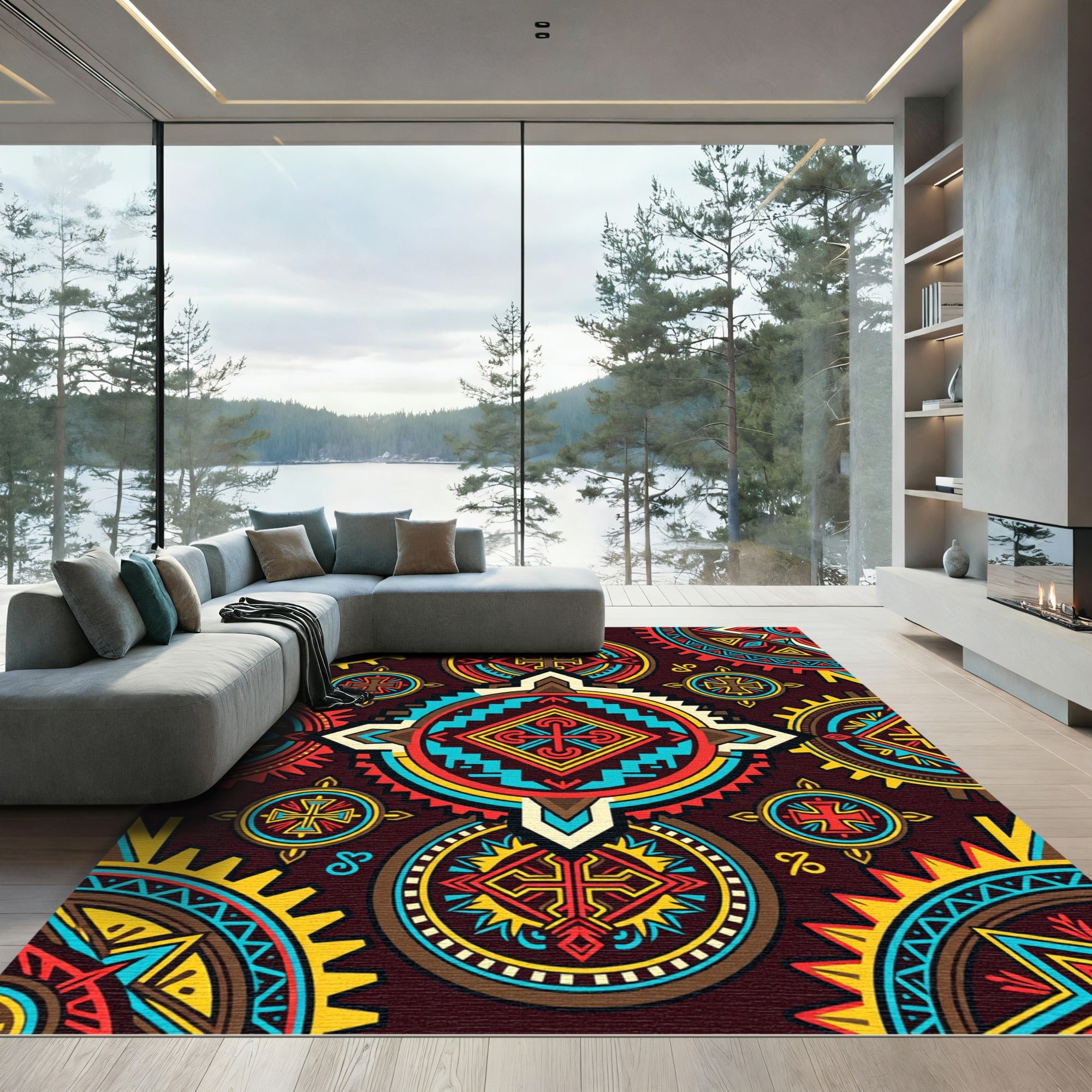 Vibrant Geometric Tribal Sun Medallion Rug