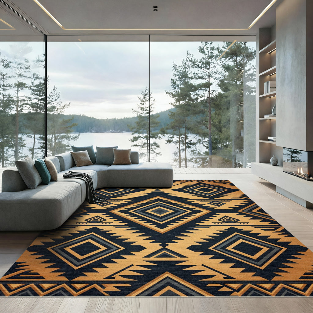 Geometric Ochre and Charcoal Aztec Rug