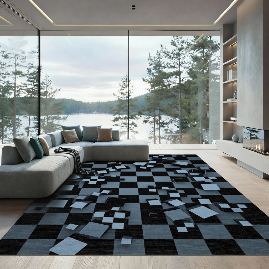 Gray Black Cubes Checkerboard Composition Rug