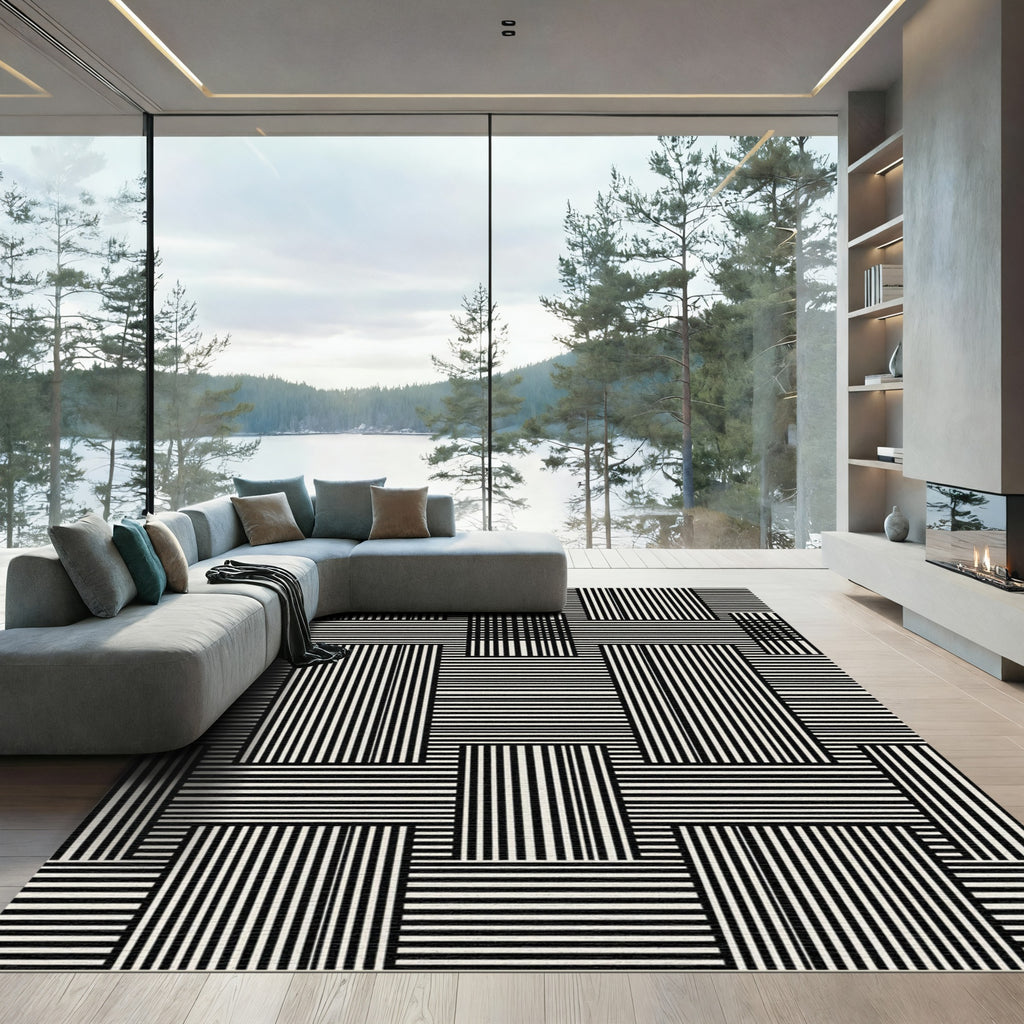 Minimalist Monochrome Interlocking Geometric Stripe Rug