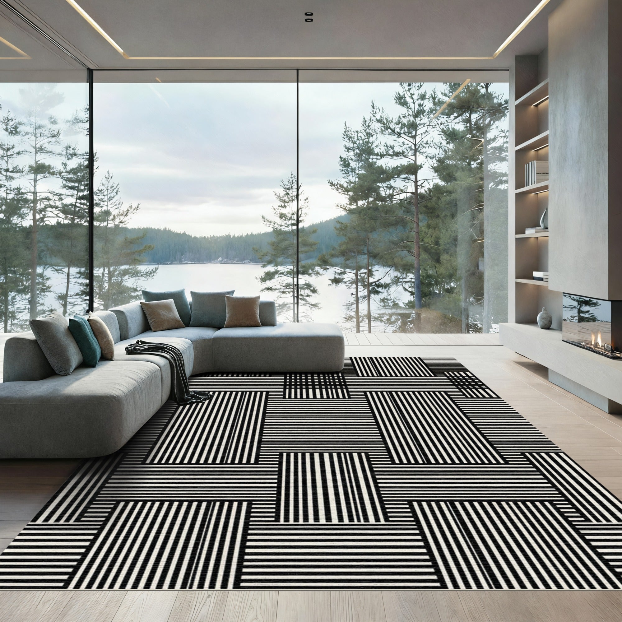 Minimalist Monochrome Interlocking Geometric Stripe Rug