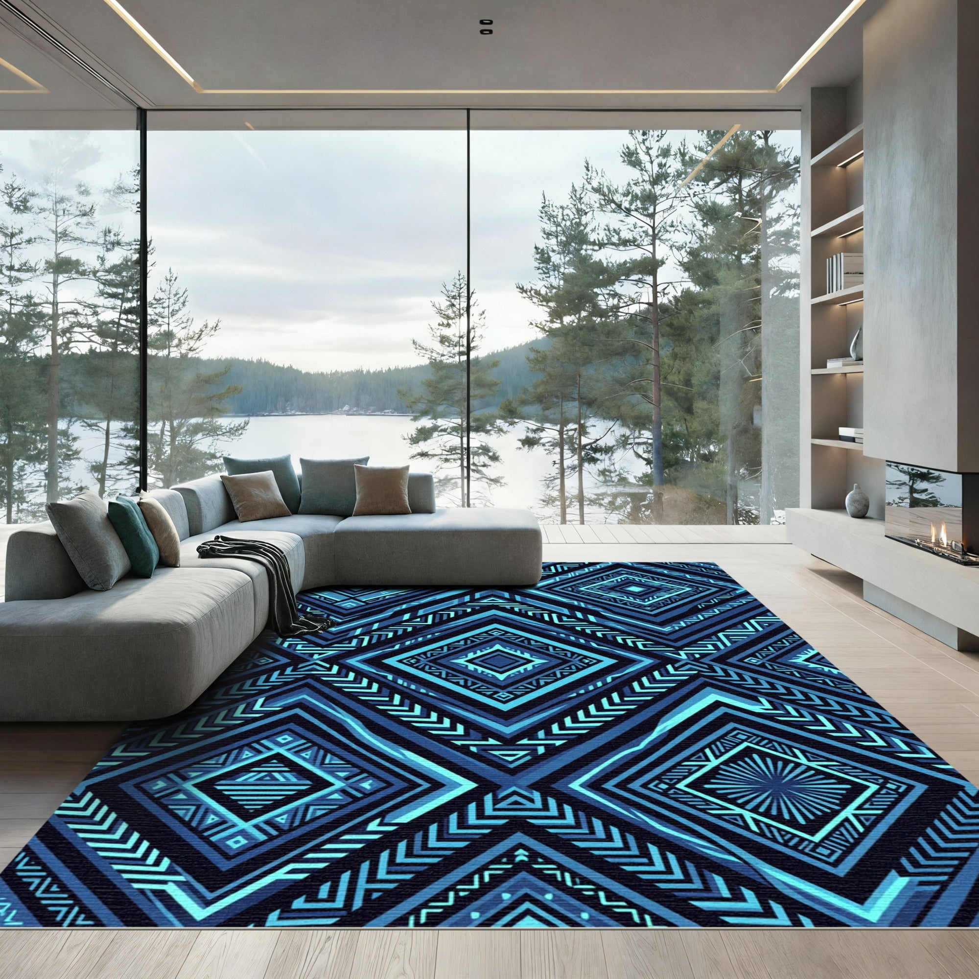 Electric Blue Geometric Diamond Mosaic Rug