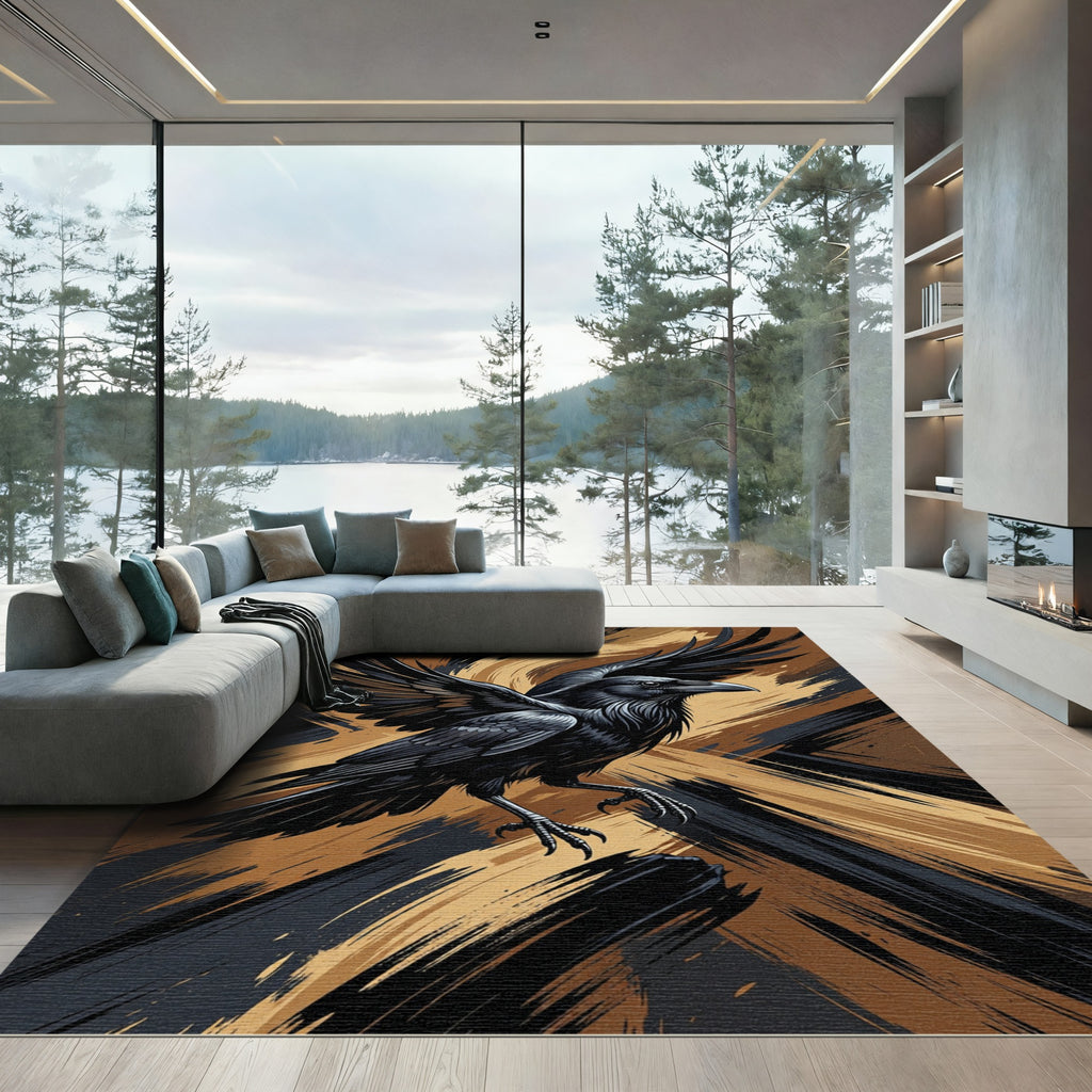 Majestic Black Raven Golden Stroke Art Rug