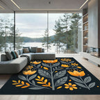 Modern Golden Floral Botanical Illustration Rug