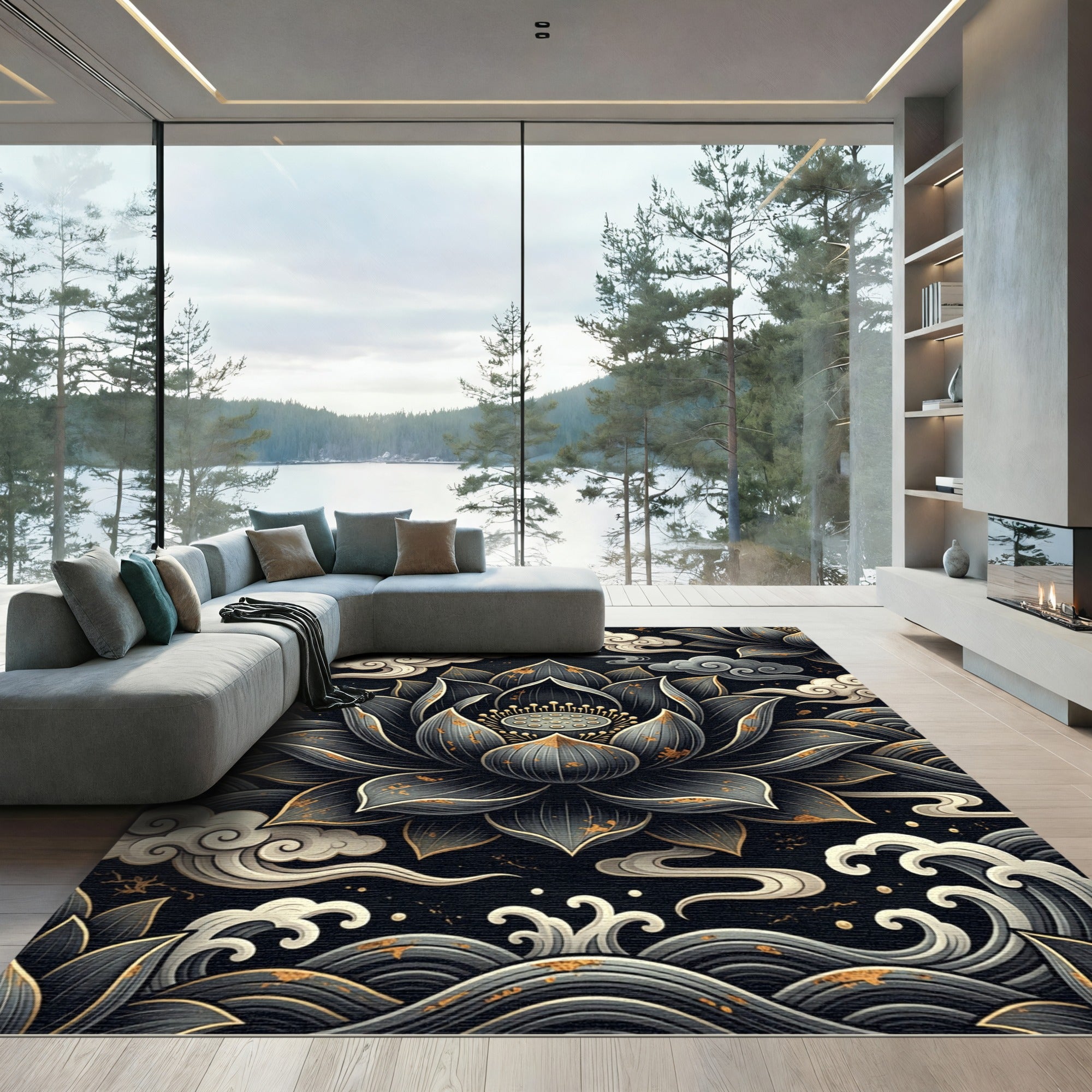 Dark Lotus Waves Cloud Medallion Rug