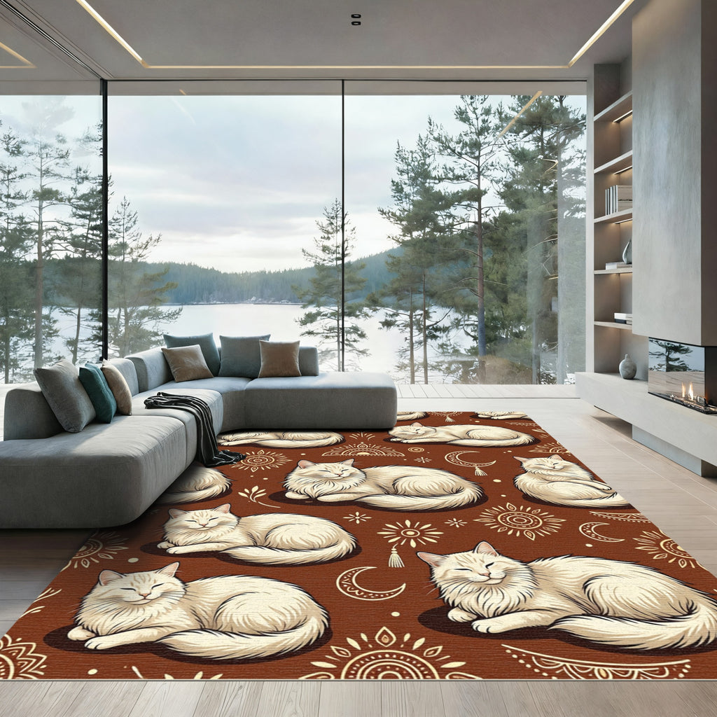 Cream Cat Moon Mandala Brown Rug