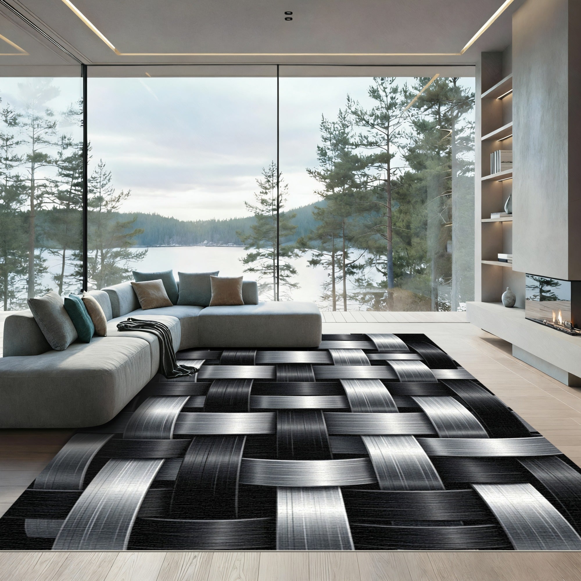 Monochromatic Silver and Black Woven Link Rug