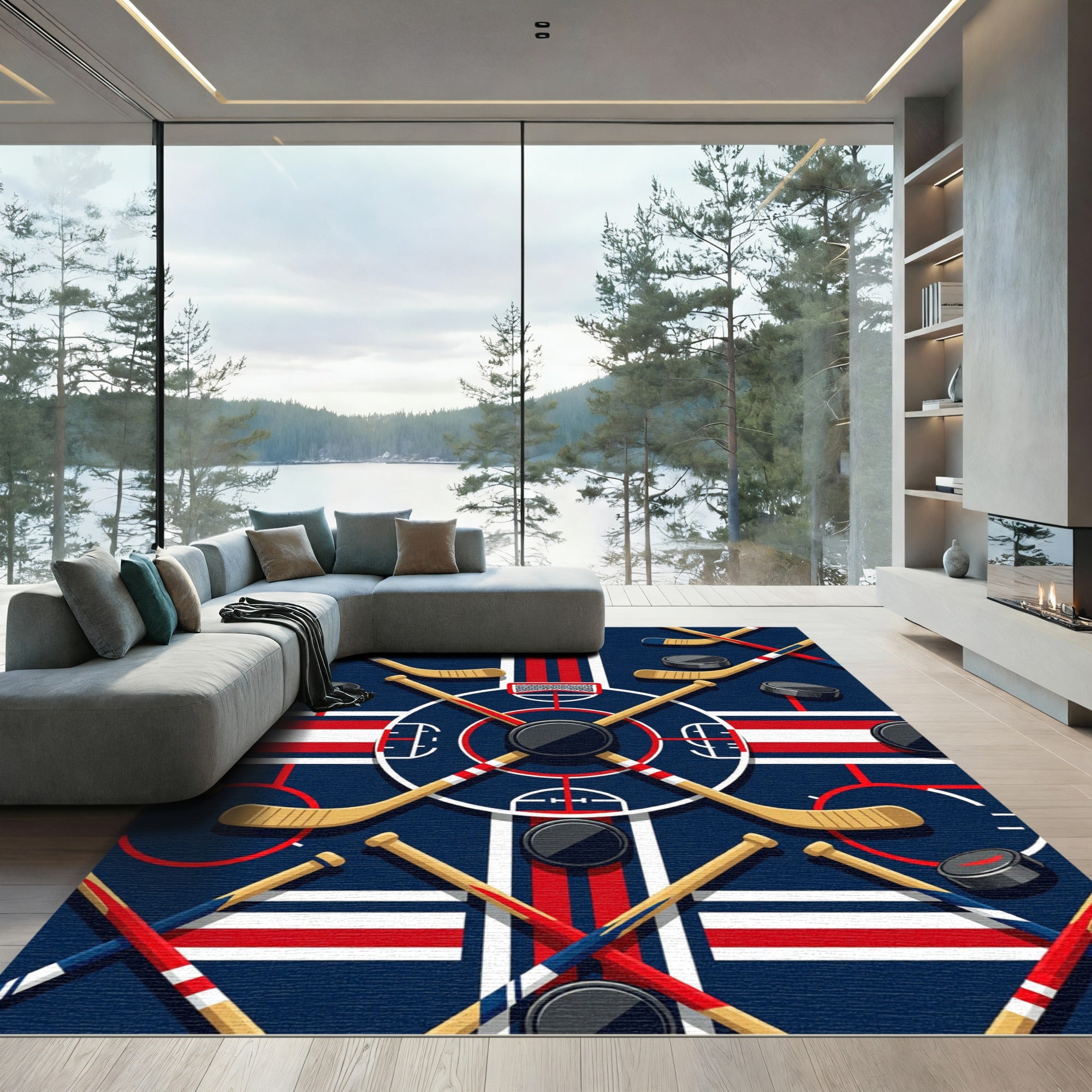 Geometric Ice Hockey Rink Navy Red Rug
