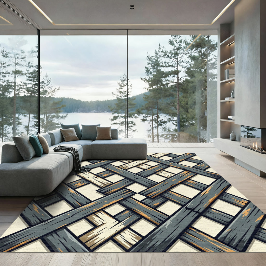 Woven Slate and Cream Lattice Grid Rug