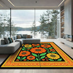 Bold Orange Yellow Floral Border Black Rug