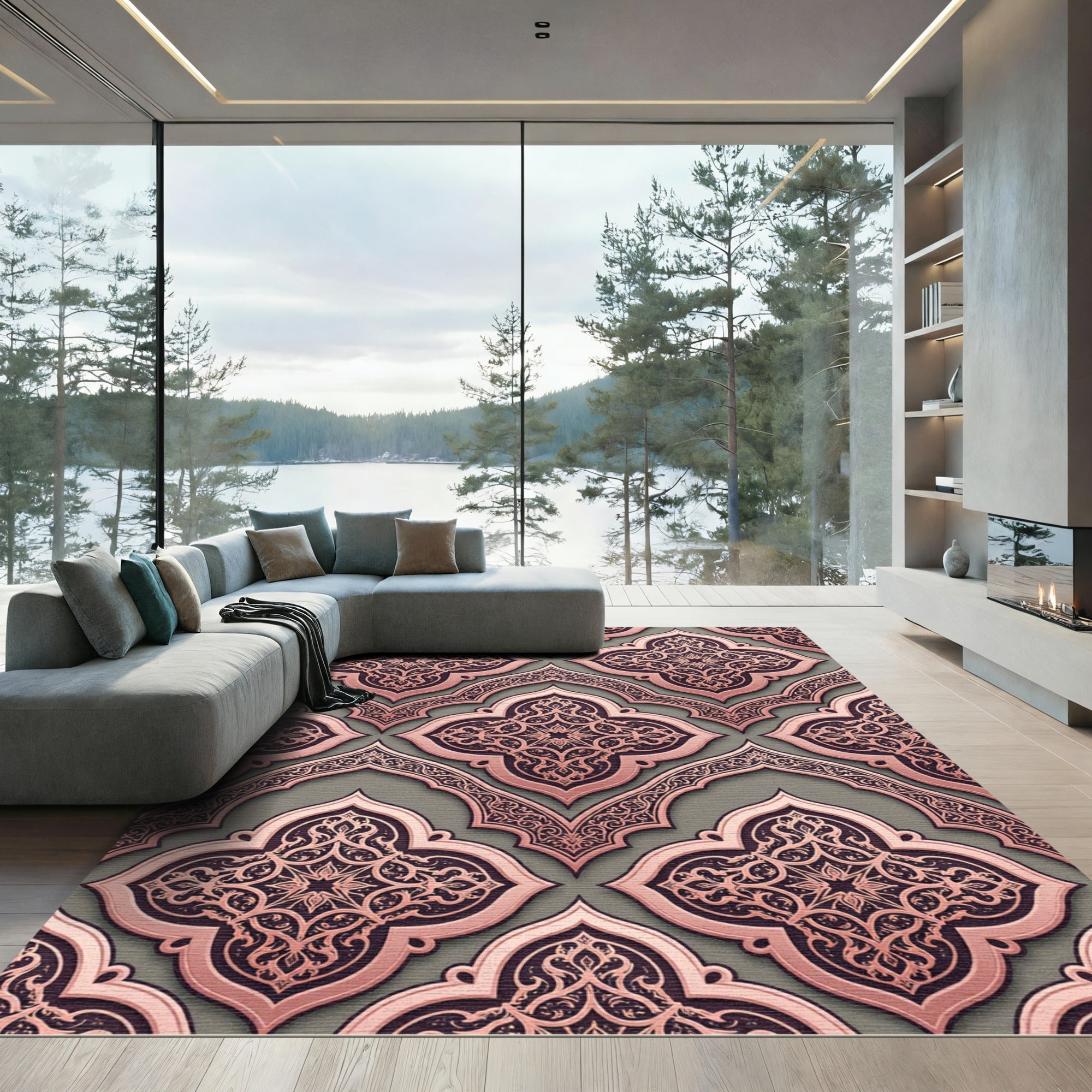 Rose Gold Quatrefoil Arabesque Medallion Rug
