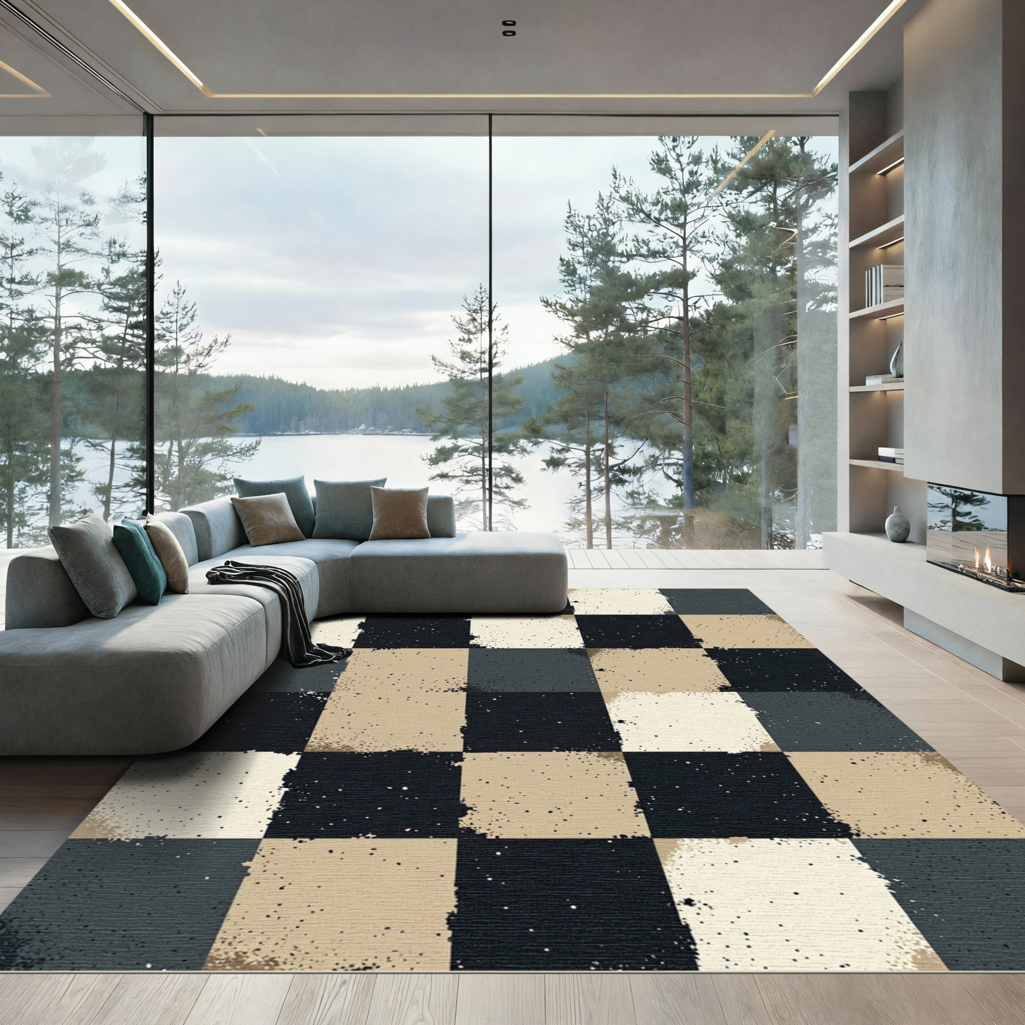 Textured Monochrome Checkered Earthy Square Rug