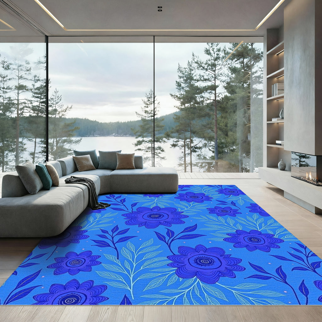 Deep Blue Floral Vine Composition Rug