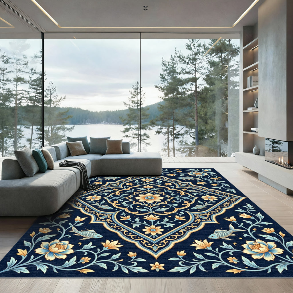 Golden Navy Fish Floral Medallion Rug