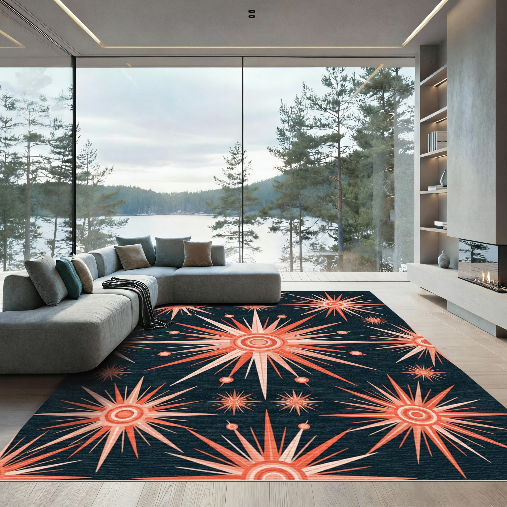 Coral Sunburst Star Burst Rug